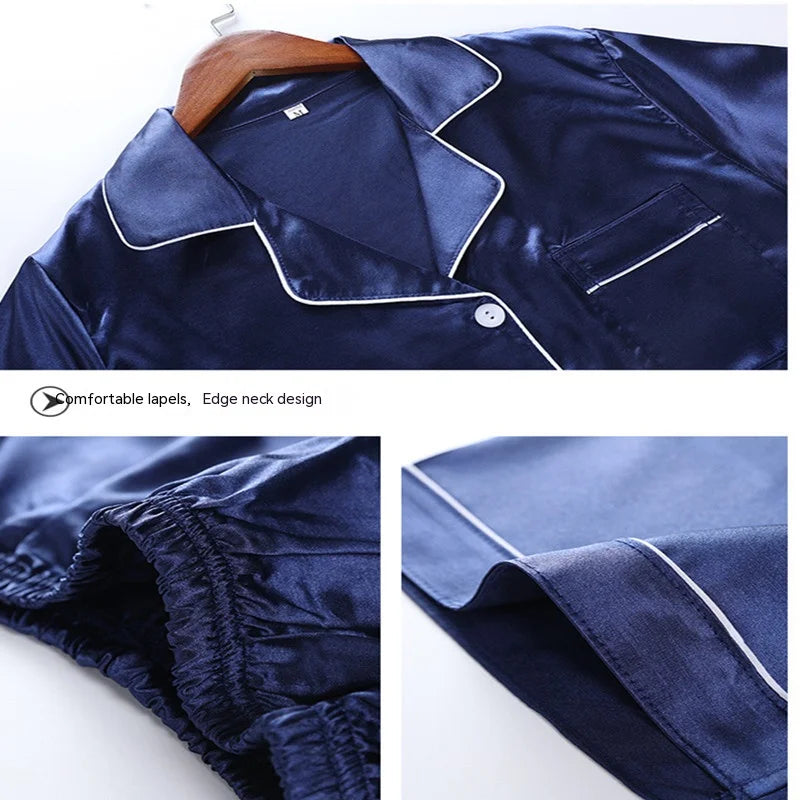Couple Simulation Silk Pajamas Set of 2 Sets of Men Turned Long-Sleeved Long Pants Spring and Summer Home Wear Ladies Homewear