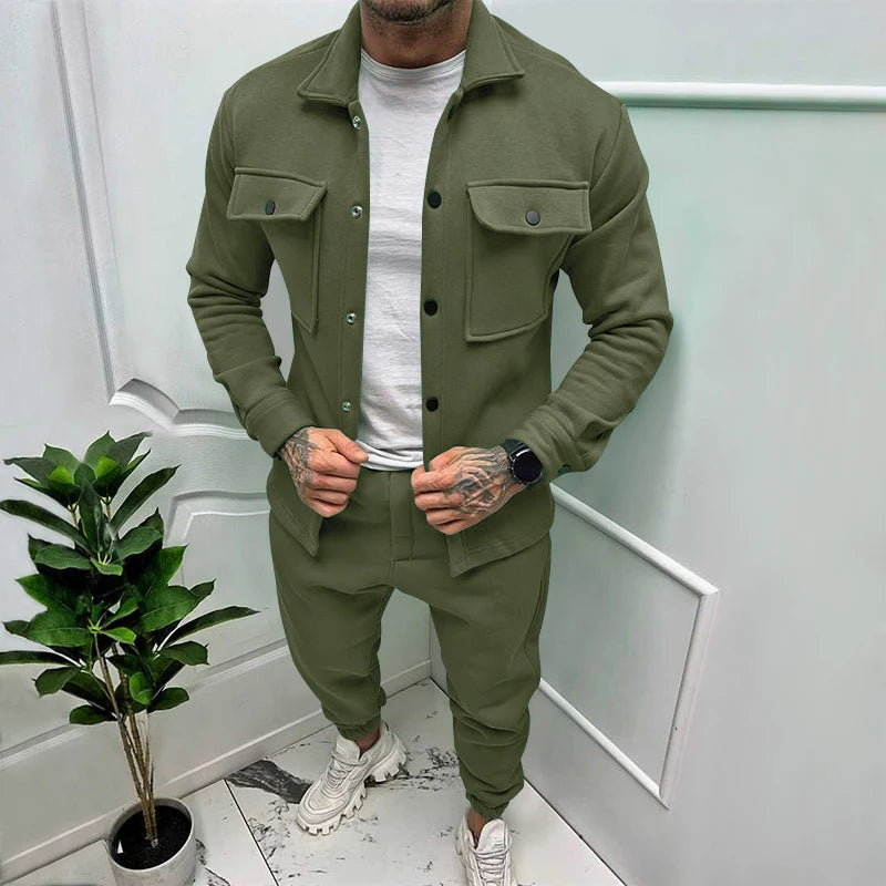 2024 Hot Sale Autumn and Winter Outerwear Casual Simple Two-piece Men's Fit New Solid Color Jacket Long Sleeve Beamed Trousers