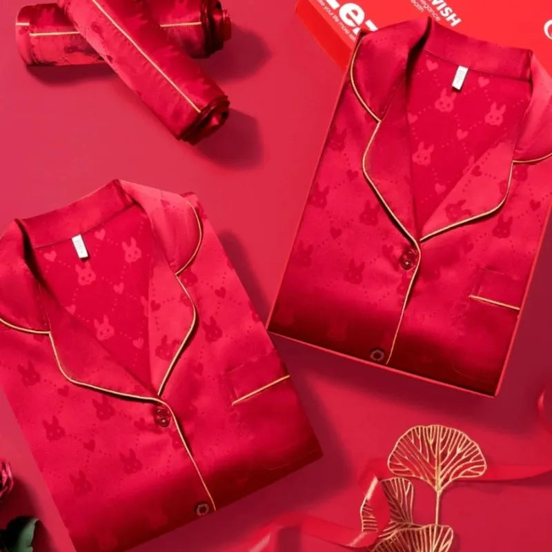 Spring Autumn New Ice Silk Women's Pajamas Lapel Cardigan Sets for Women 2 Pieces Fashion Red Home Suit for Women Soft Sleepwear