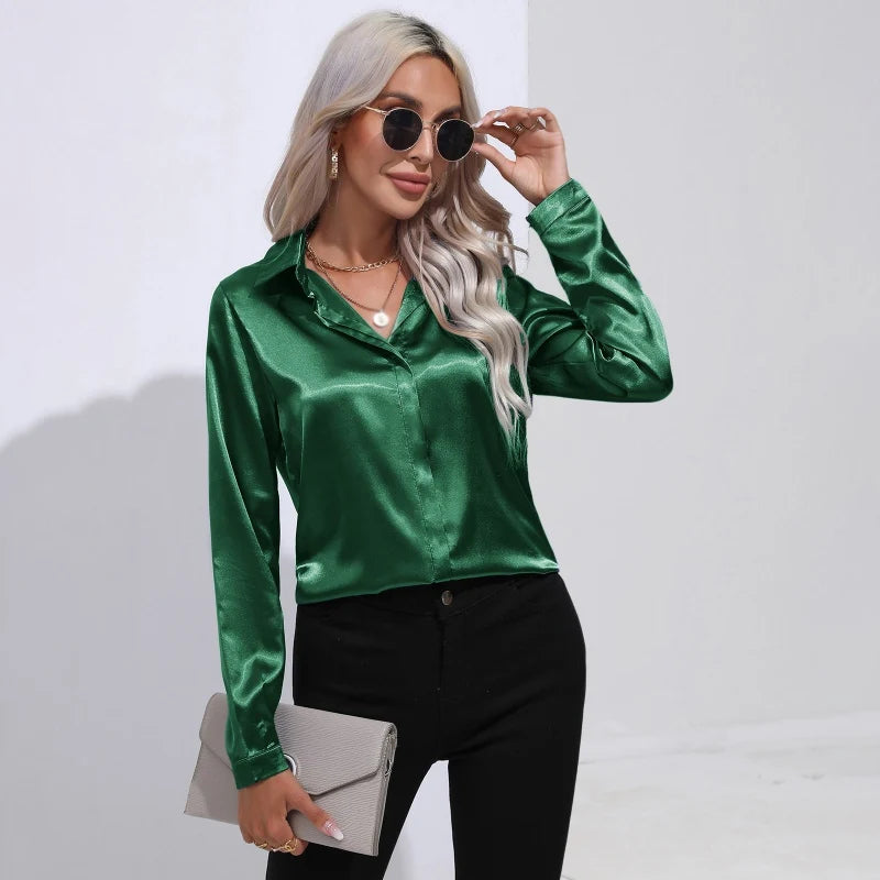 Women's shirts Satin shirts Imitation silk shirts Long sleeves Commuting Casual Luster Ice High-end One button