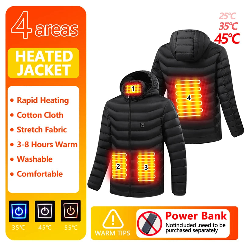 Men 4 Zone Heating Jacket Winter Electric Heated Clothes Usb Charging Waterproof Windbreaker Heat Outdoor Skiing Coat S-2xl