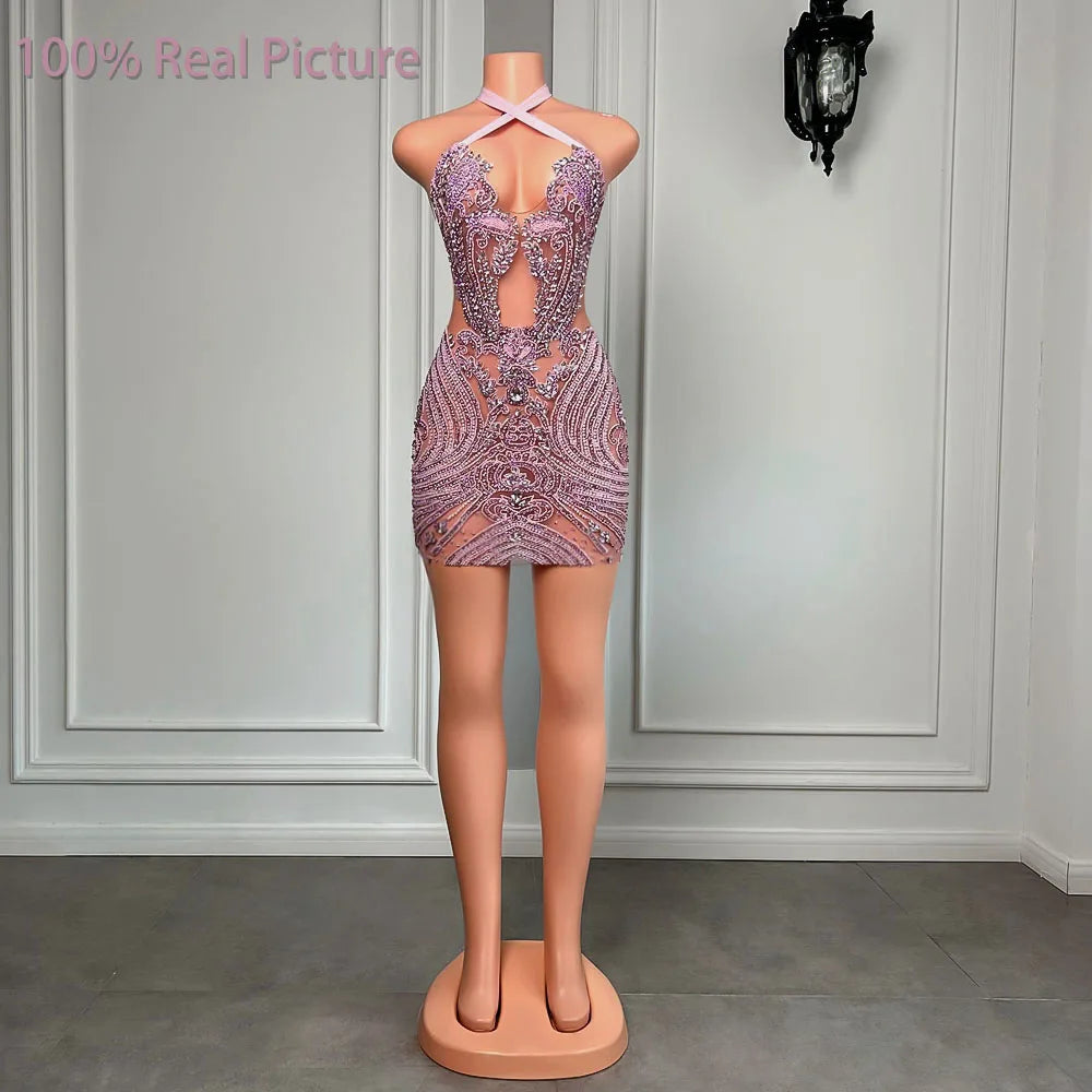 Luxury Sparkly Diamond Women Birthday Party Formal Gowns Halter Sleeveless Pink Diamond Black Girls Short Prom Dresses 2023
