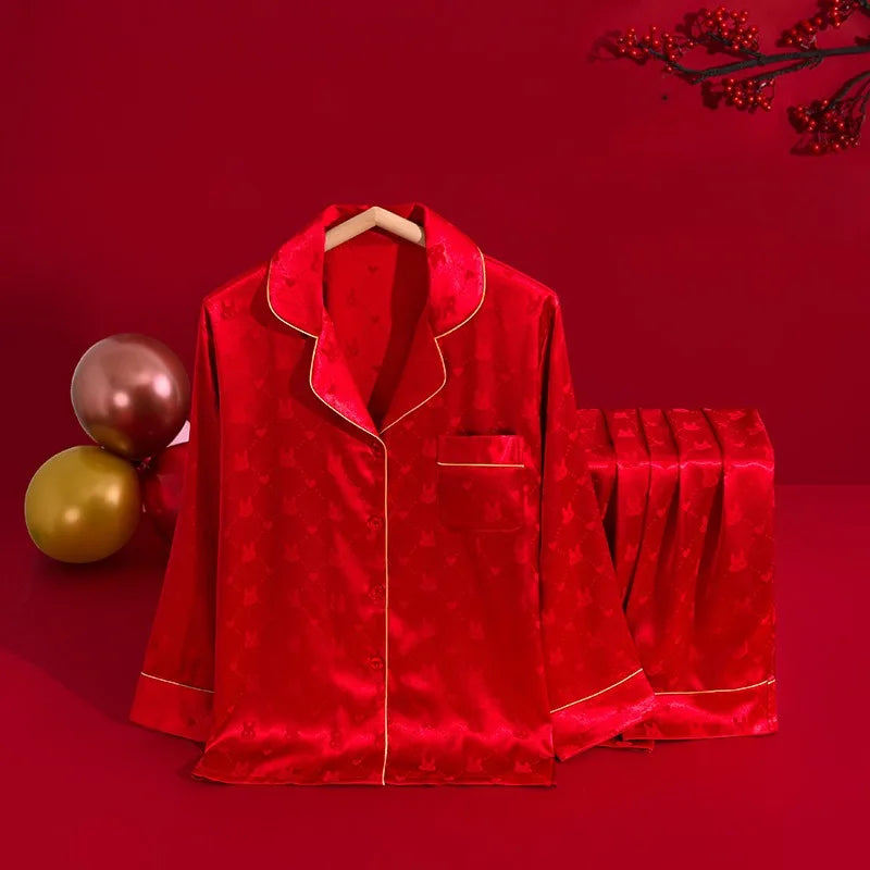 Spring Autumn New Ice Silk Women's Pajamas Lapel Cardigan Sets for Women 2 Pieces Fashion Red Home Suit for Women Soft Sleepwear
