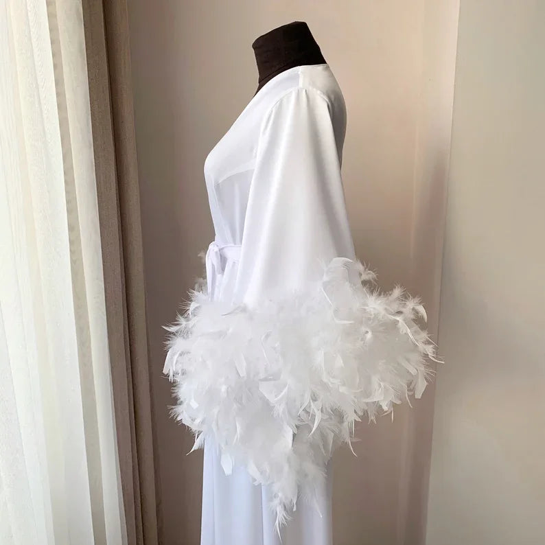 White Boudoir Wedding Floor Length Maxi Dressing Gown Robes Feather Long Robe Stain Silk Lingerie Bride to Be Hen Party Dress