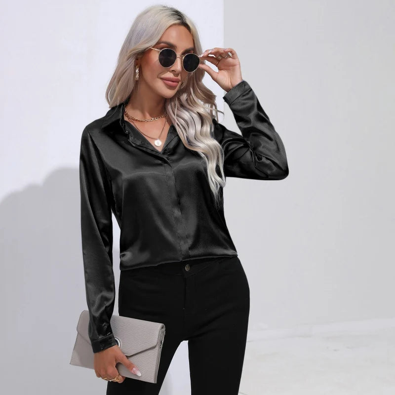 Women's shirts Satin shirts Imitation silk shirts Long sleeves Commuting Casual Luster Ice High-end One button