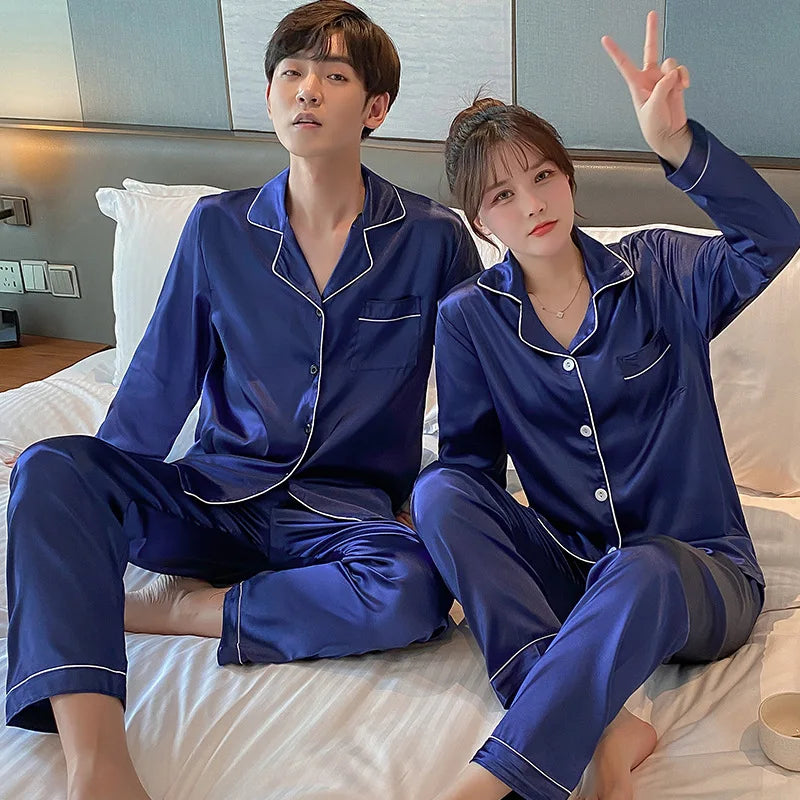 Couple Simulation Silk Pajamas Set of 2 Sets of Men Turned Long-Sleeved Long Pants Spring and Summer Home Wear Ladies Homewear