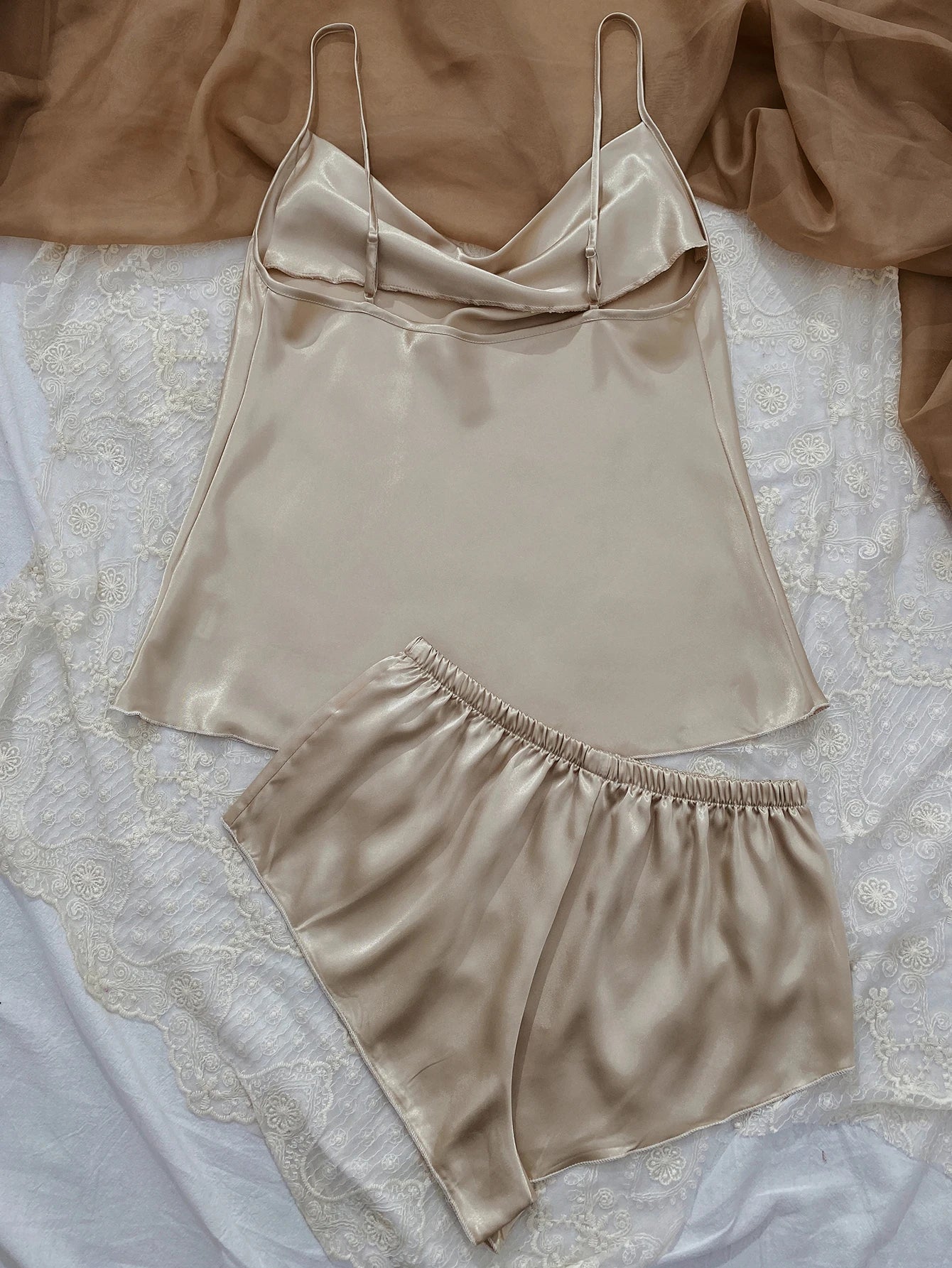 Elegant Pajama Satin Floral Plunge Neck Cami Tops Elastic Waistband Shorts For Valentine's Gifts Womens Loungewear Sleepwe