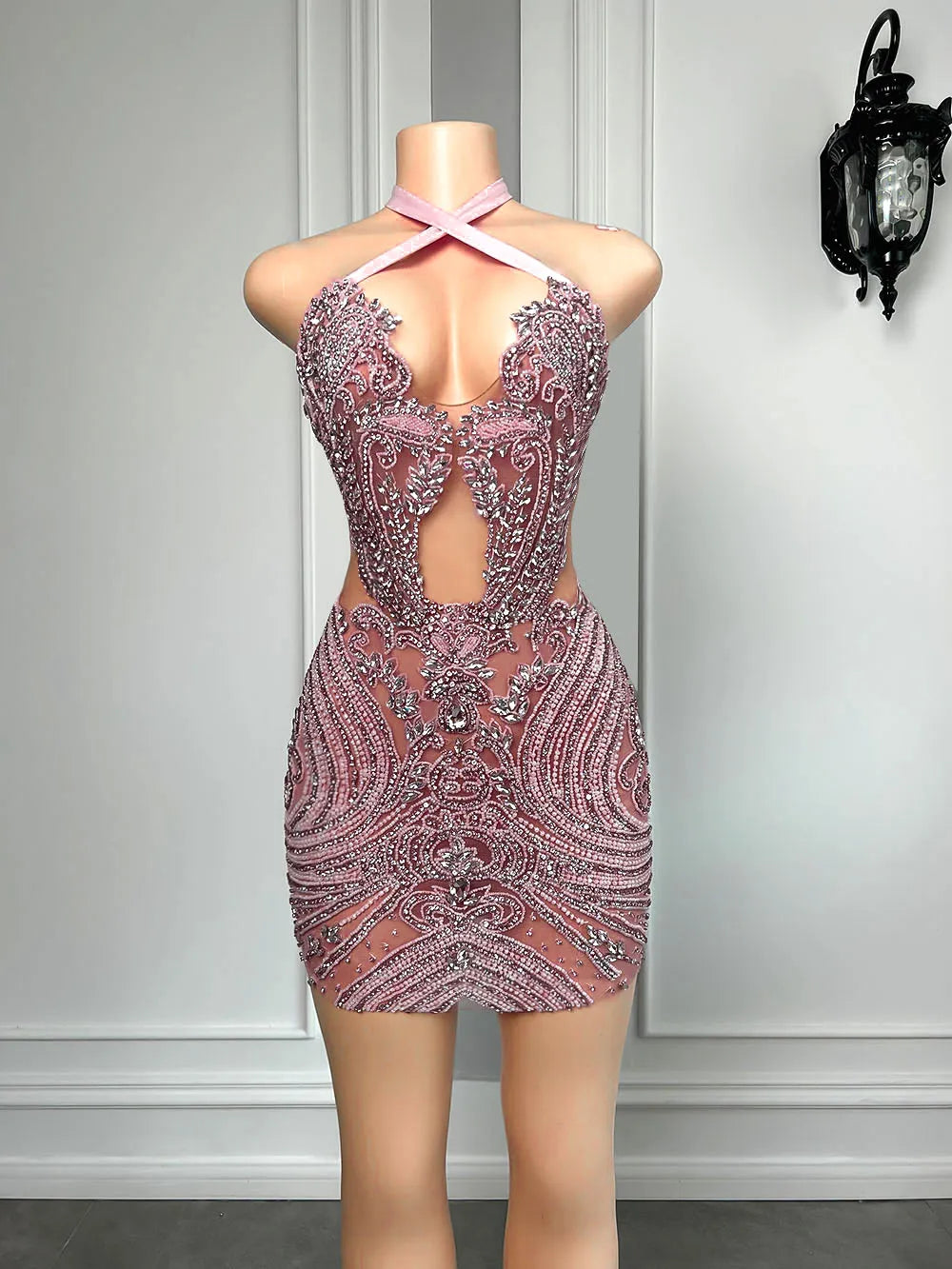 Luxury Sparkly Diamond Women Birthday Party Formal Gowns Halter Sleeveless Pink Diamond Black Girls Short Prom Dresses 2023