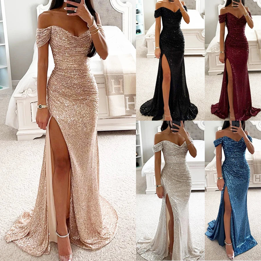 Women Vintage Sequined V Neck Off Shoulder Slim Sexy Split Long Dress Evening Party Maxi Dresses