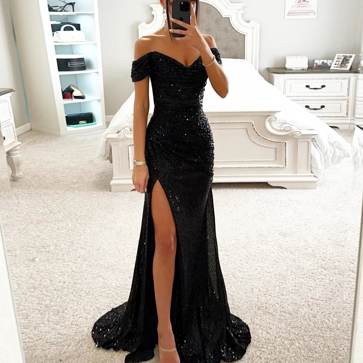 Women Vintage Sequined V Neck Off Shoulder Slim Sexy Split Long Dress Evening Party Maxi Dresses