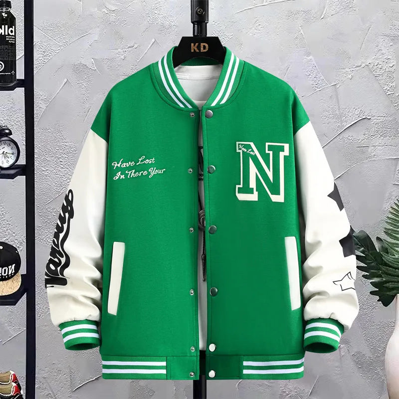 Men's Autumn Winter Baseball Jacket Coat Couple Fashion Loose Stand Collar Uniform Male Letter Printing Long Sleeve Windbreaker