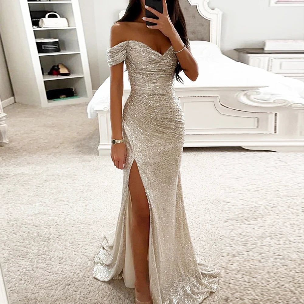Women Vintage Sequined V Neck Off Shoulder Slim Sexy Split Long Dress Evening Party Maxi Dresses