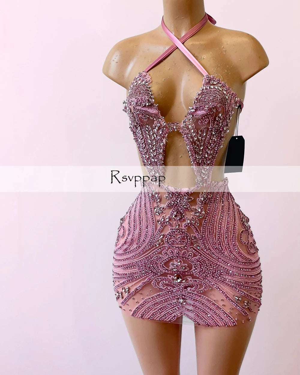 Luxury Sparkly Diamond Women Birthday Party Formal Gowns Halter Sleeveless Pink Diamond Black Girls Short Prom Dresses 2023
