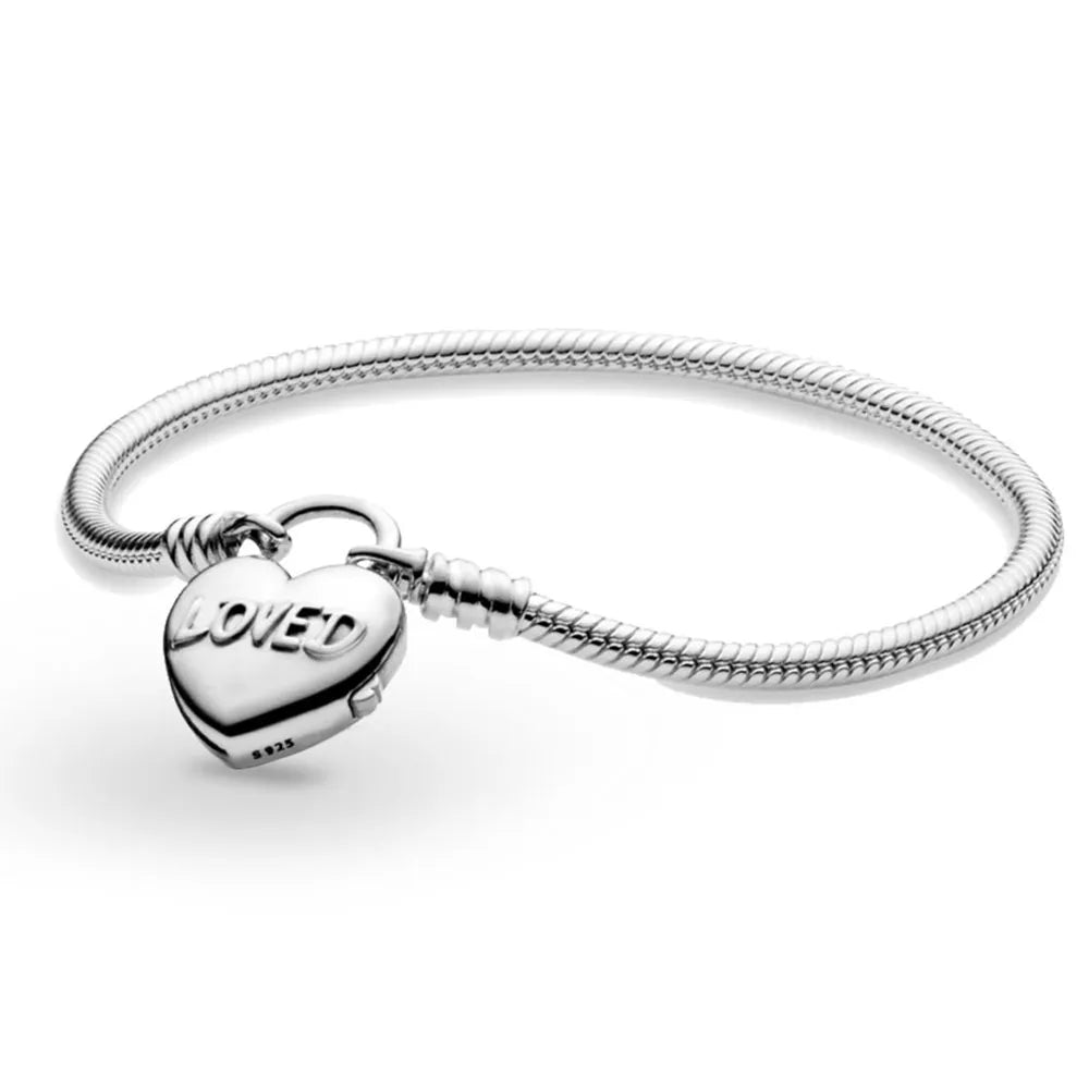925 Silver Moments Heart Padlock Clasp Snake Chain Bracelet Family Tree You Are Loved Anniversary Gifts Valentines Day Diy