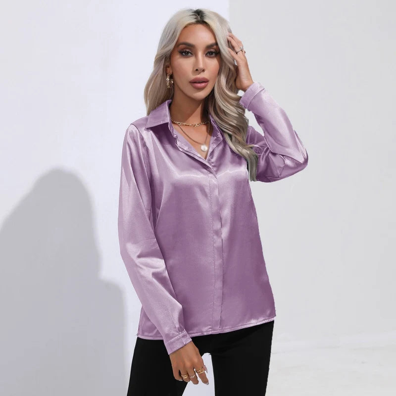 Women's shirts Satin shirts Imitation silk shirts Long sleeves Commuting Casual Luster Ice High-end One button
