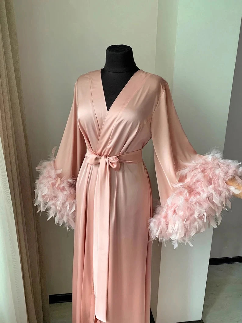 White Boudoir Wedding Floor Length Maxi Dressing Gown Robes Feather Long Robe Stain Silk Lingerie Bride to Be Hen Party Dress