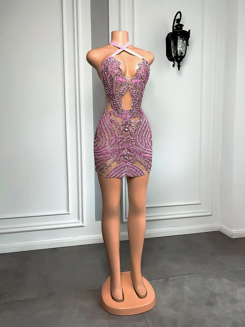 Luxury Sparkly Diamond Women Birthday Party Formal Gowns Halter Sleeveless Pink Diamond Black Girls Short Prom Dresses 2023