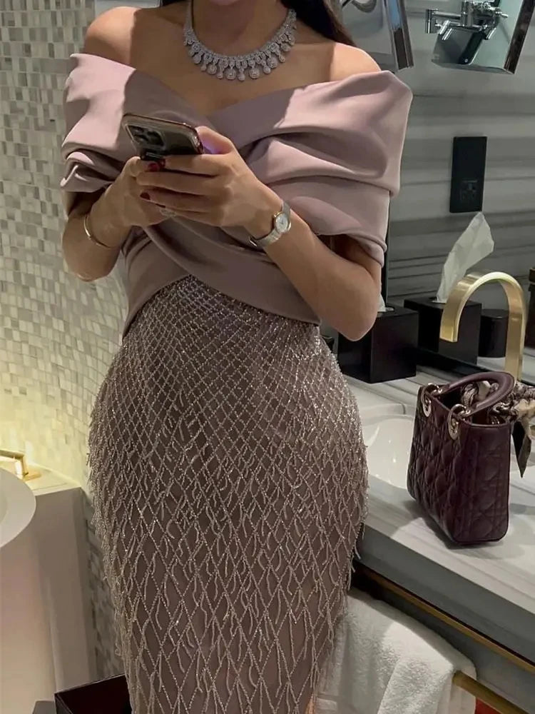 Elegant Off Shoulder Dubai Evening Dresses For Women Exquisite Glitter Wedding Luxury Tassel Arabic Formal Party Gowns