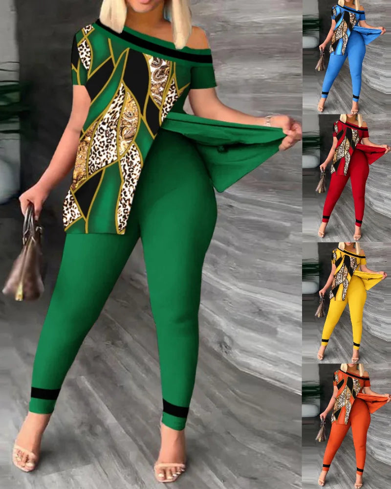 European and American women's summer new fashionable casual slit diagonal collar print suit zara woman 2022