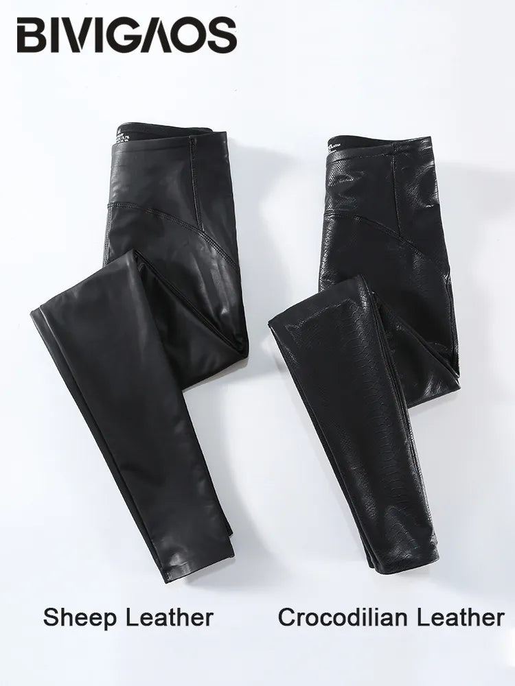 BIVIGAOS Women Autumn New Fleece Matte PU Leather Pants Leggings Elastic Slim Skinny Leggings Windproof Winter Warm Sexy Legging