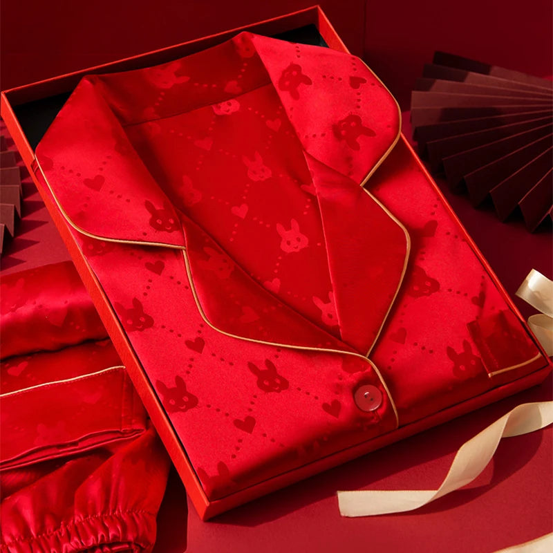 Spring Autumn New Ice Silk Women's Pajamas Lapel Cardigan Sets for Women 2 Pieces Fashion Red Home Suit for Women Soft Sleepwear