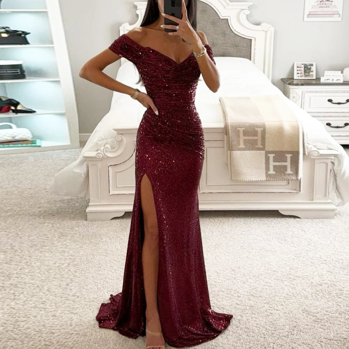 Women Vintage Sequined V Neck Off Shoulder Slim Sexy Split Long Dress Evening Party Maxi Dresses