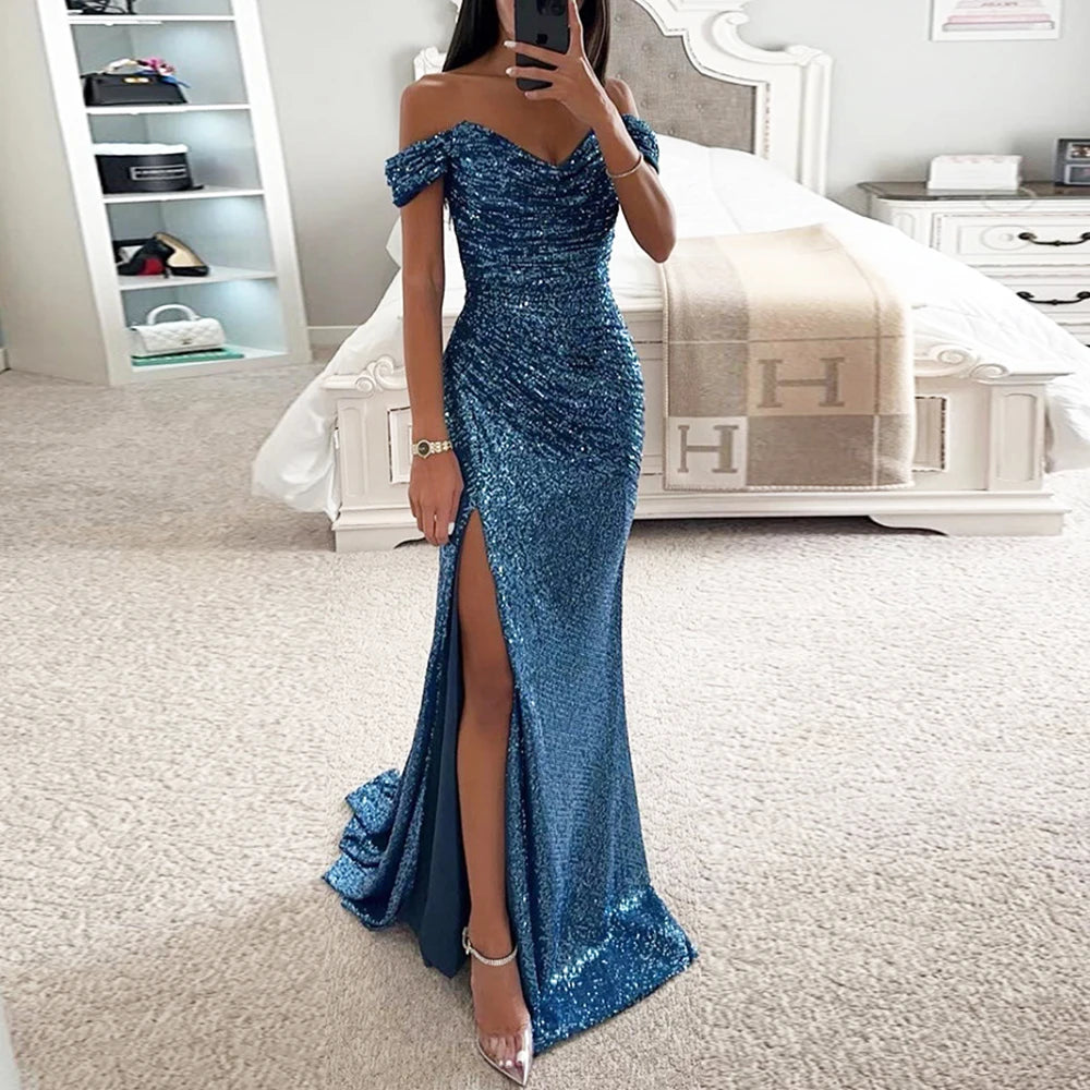Women Vintage Sequined V Neck Off Shoulder Slim Sexy Split Long Dress Evening Party Maxi Dresses