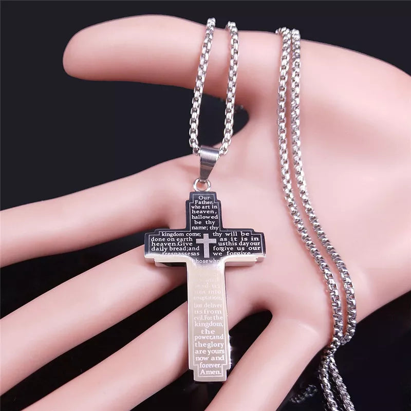 Christian Bible Cross Chain Necklace Stainless Steel Big Pendant Necklace Men's Religious Prayer Jewelry corrente masculina