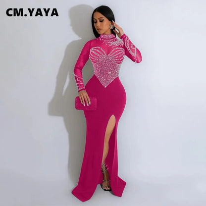 CM.YAYA Women Long Sleeve Diamonds Hot Rhinestones High Side Split Mermaid Midi Maxi Dress 2024 Even Sexy Party Dresses Vestidos