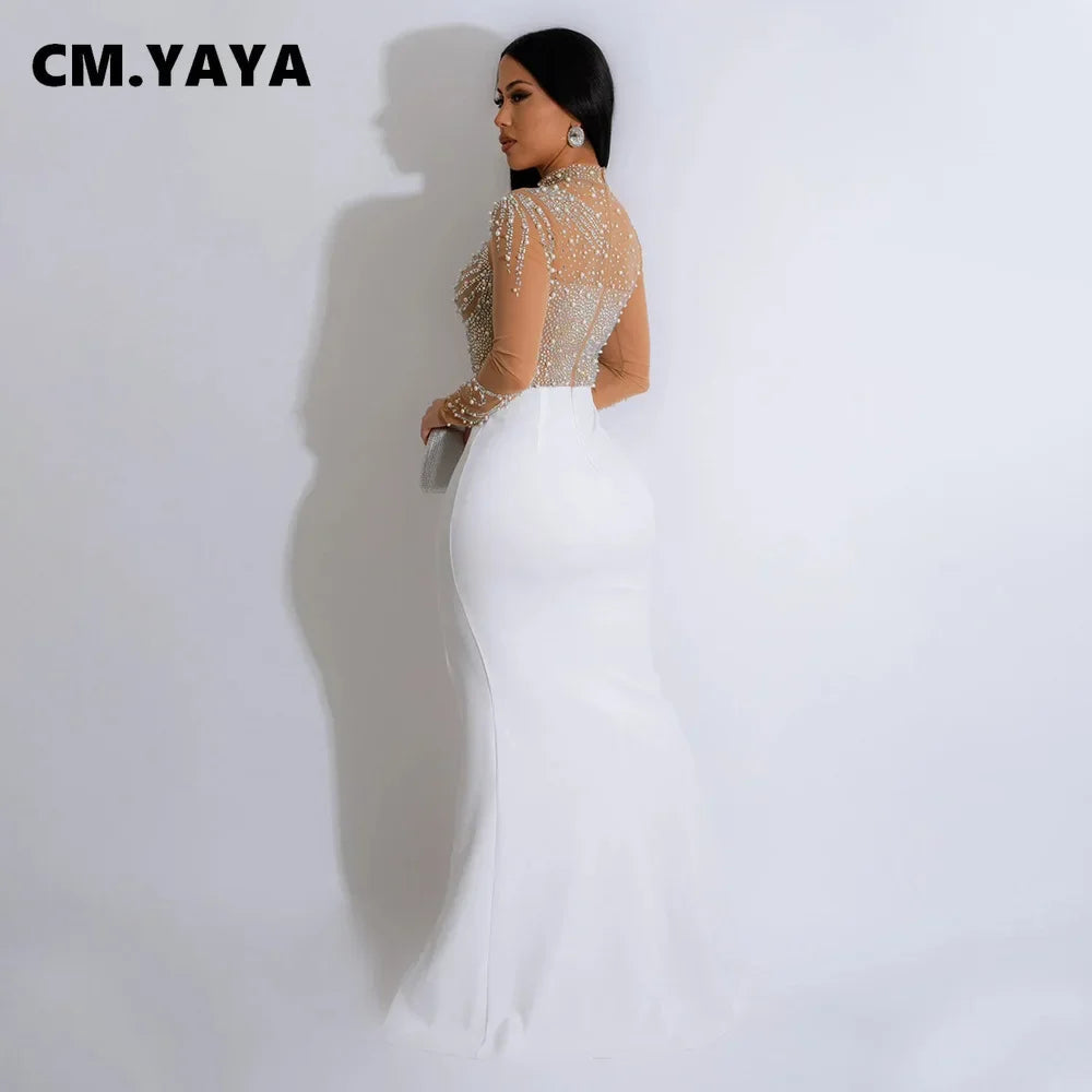 CM.YAYA Women Long Sleeve Diamonds Hot Rhinestones High Side Split Mermaid Midi Maxi Dress 2024 Even Sexy Party Dresses Vestidos