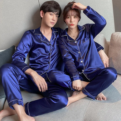 Couple Simulation Silk Pajamas Set of 2 Sets of Men Turned Long-Sleeved Long Pants Spring and Summer Home Wear Ladies Homewear