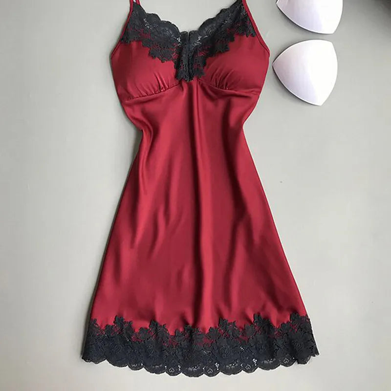 Women's Sexy Lingerie Summer Silk Night Gown Lace Patchwork Mini Night Dress Spaghetti Strap NO Chest Pad Sleepwear For Ladies