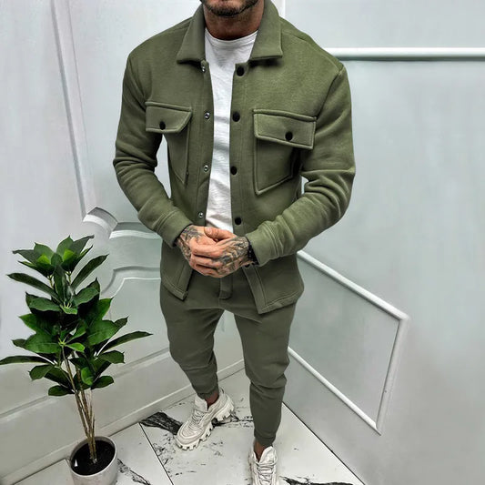 2024 Hot Sale Autumn and Winter Outerwear Casual Simple Two-piece Men's Fit New Solid Color Jacket Long Sleeve Beamed Trousers