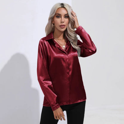 Women's shirts Satin shirts Imitation silk shirts Long sleeves Commuting Casual Luster Ice High-end One button