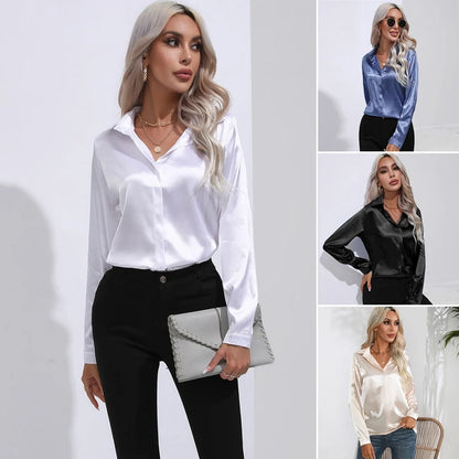 Women's shirts Satin shirts Imitation silk shirts Long sleeves Commuting Casual Luster Ice High-end One button