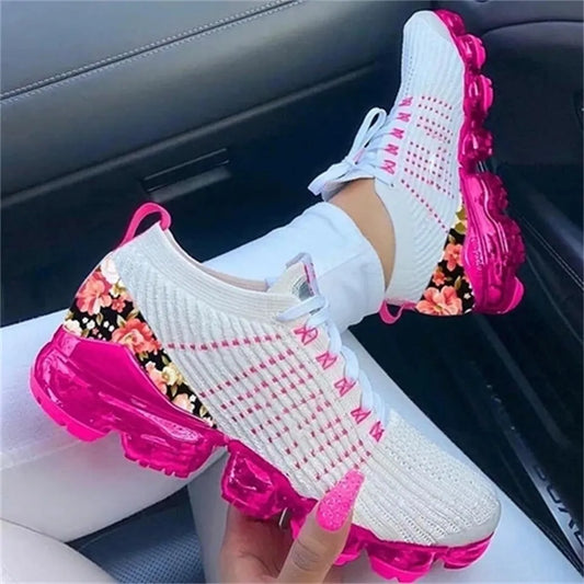 2024 New Sneakers Women Spring Fashion Knitted Fabric Floral Lace Up Ladies Casual Shoes Larged-Size Flats Running Sport