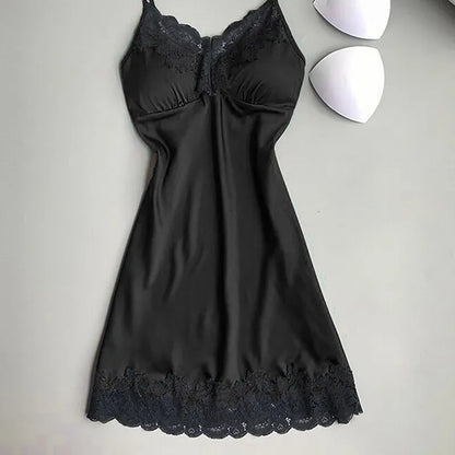 Women's Sexy Lingerie Summer Silk Night Gown Lace Patchwork Mini Night Dress Spaghetti Strap NO Chest Pad Sleepwear For Ladies