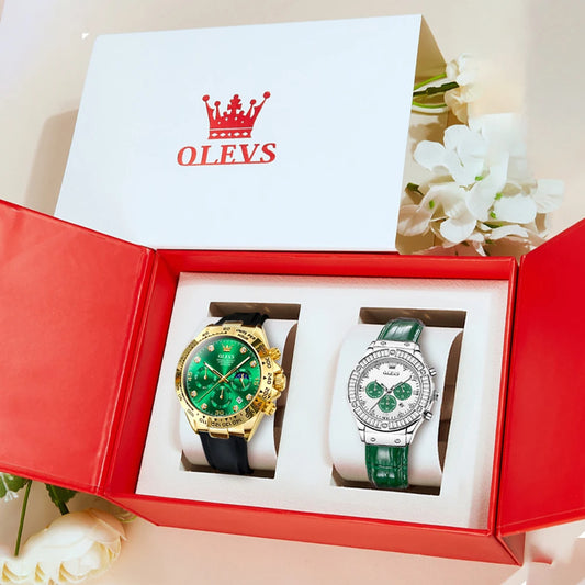 OLEVS Analog Quartz Watch for Men and Women Multifunction Chronograph Couple Watches His and Her Luxury Lover's Wristwatch