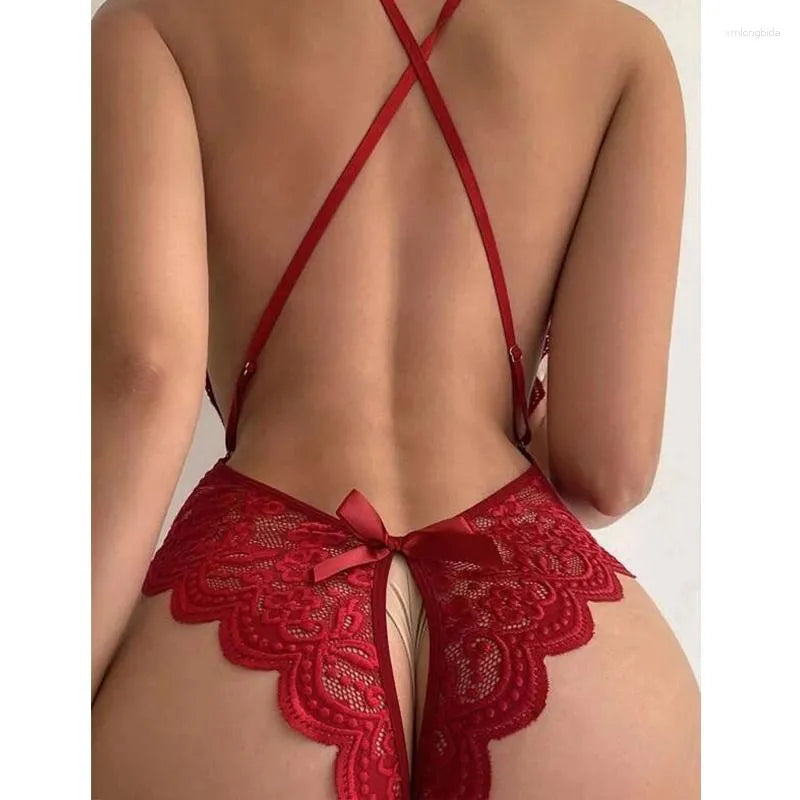 Bras Sets Transparent Sexy Lingerie For Woman Lace Bra Crotchless Bodysuit Female Erotic Costume Deep V Neck Teddy Underwear Set